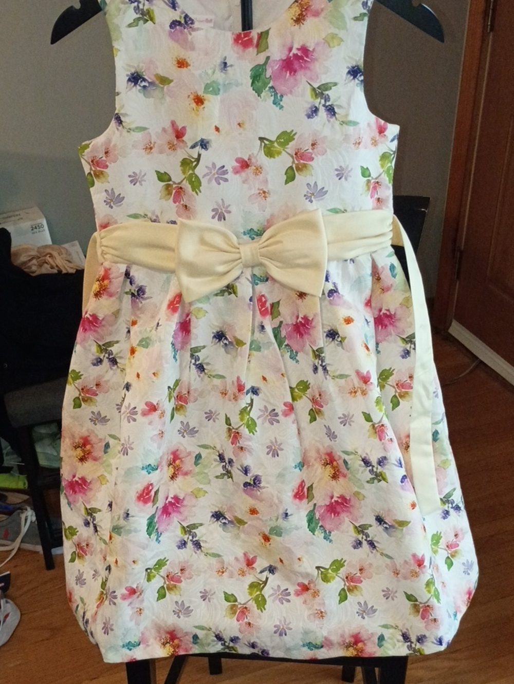 Bonnie Jean Cream Floral A-Line Dress with Bow